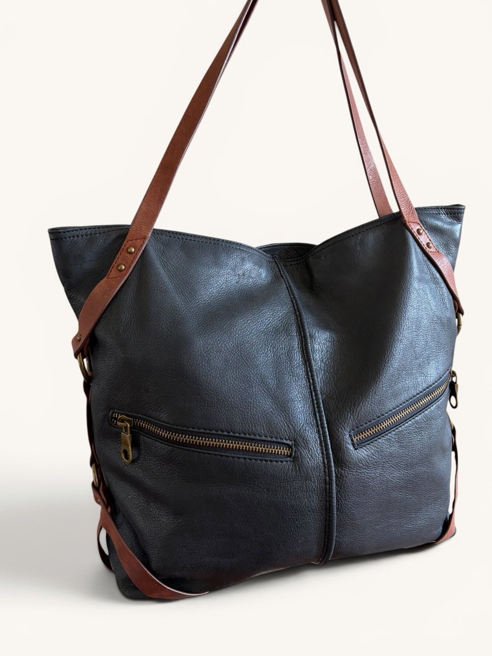 Lucky Brand Black Leather Tote with Brown Straps - Picture 10 of 16